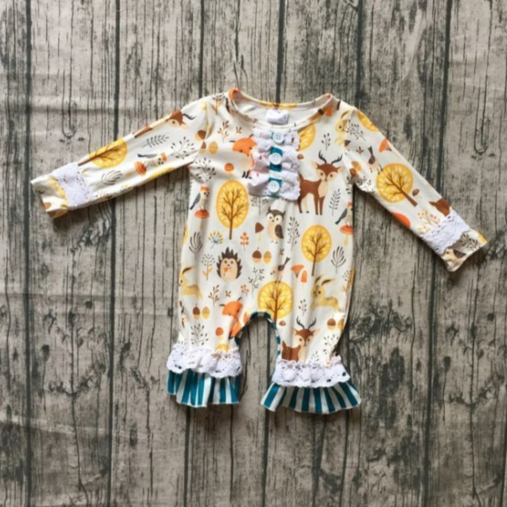Boutique Baby Girls Woodland Animals Fox Deer Ruffle Romper Jumpsuit